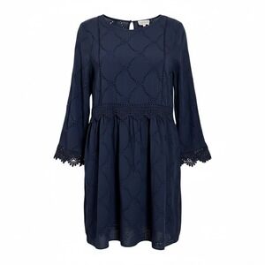 Entro Navy‎ Blue Eyelet Lace Trimmed Babydoll Dress Size L Boho Romantic